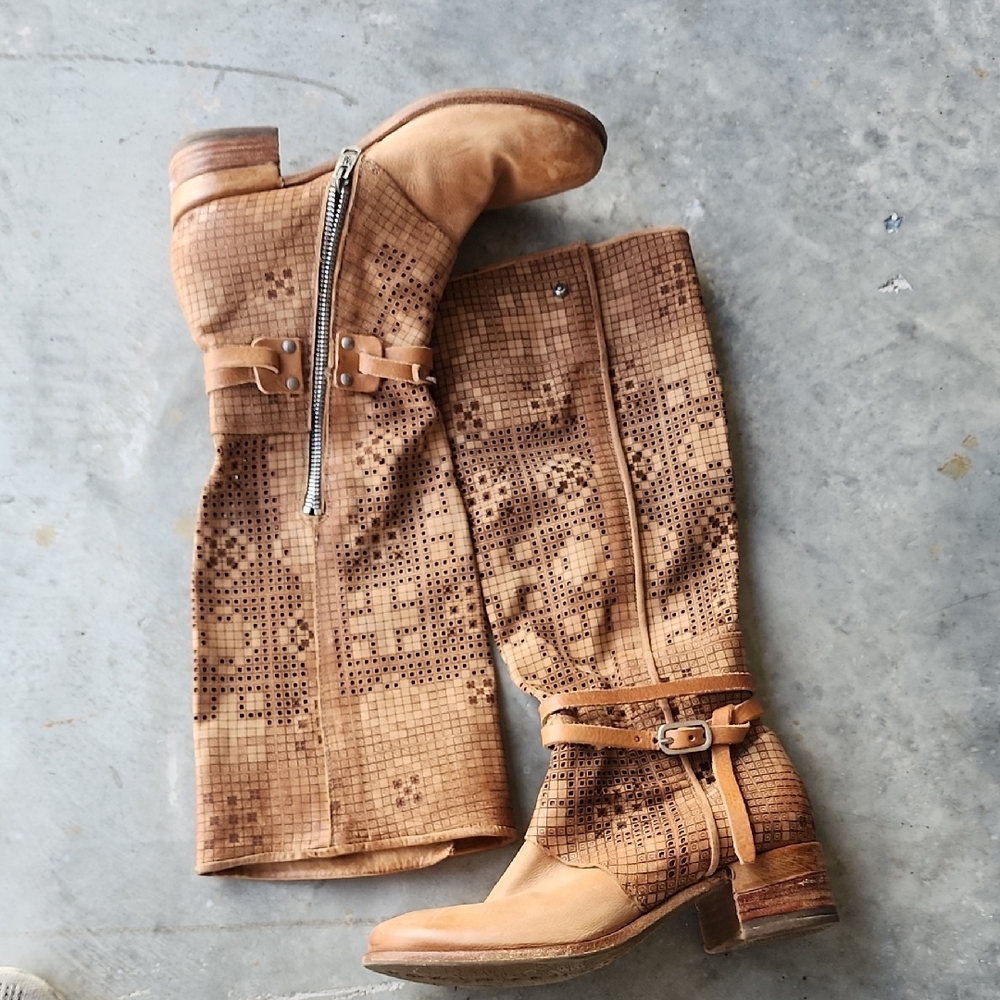 A.S.98 GENE Tan Perforated  Leather Boots with Buckle Detail - Picture 10 of 16